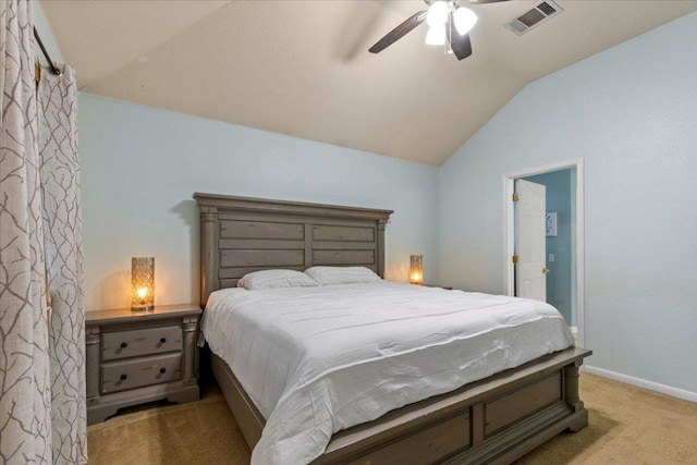 110 Hummingbird Ct, Cedar Creek, TX 78612 - carpeted bedroom featuring vaulted ceiling, baseboards, and ceiling fan