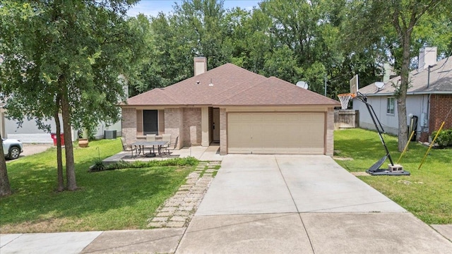 110 Hummingbird Ct, Cedar Creek, TX 78612 - ranch-style house with an attached garage, brick siding, driveway, a chimney, and roof with shingles