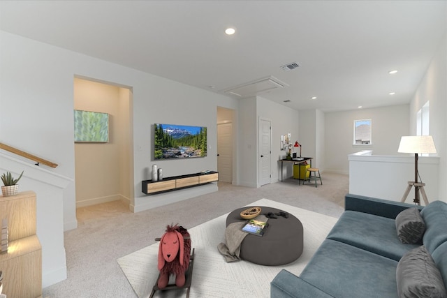 1352 S Brook Dr, Leander, TX 78641 - living room with attic access, light carpet, recessed lighting, and baseboards