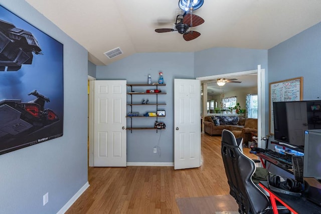 604 Comal Run, Hutto, TX 78634 - office area with a ceiling fan, wood finished floors, and lofted ceiling