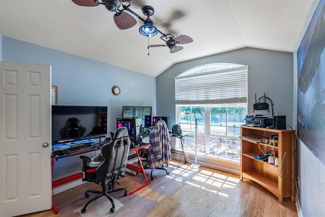 604 Comal Run, Hutto, TX 78634 - office space featuring vaulted ceiling, wood finished floors, and ceiling fan