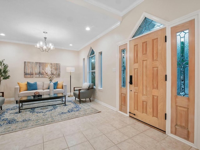9402 Bluegrass Dr, Austin, TX 78759 - foyer entrance with a chandelier, light tile patterned floors, recessed lighting, and crown molding