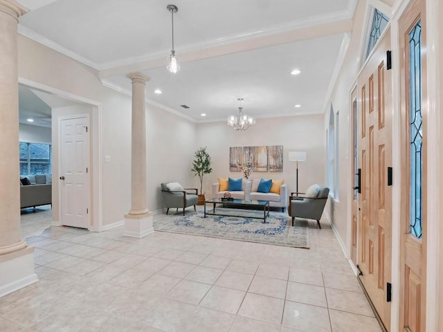 9402 Bluegrass Dr, Austin, TX 78759 - living area with ornate columns, recessed lighting, crown molding, light tile patterned floors, and a chandelier