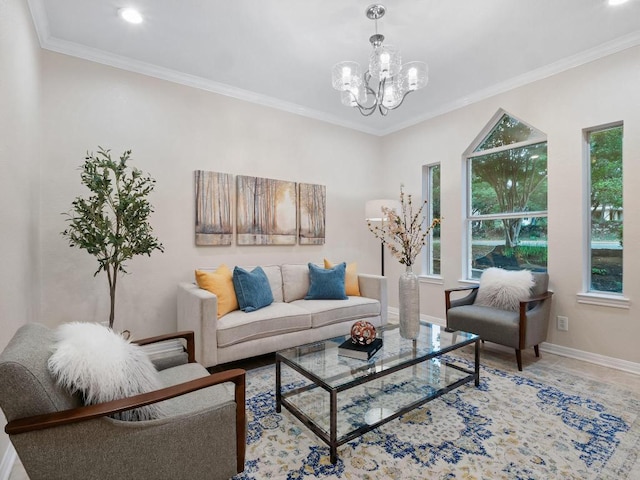 9402 Bluegrass Dr, Austin, TX 78759 - living area with healthy amount of natural light, a chandelier, crown molding, and recessed lighting