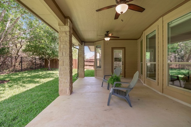 630 Wild Rose Dr, Austin, TX 78737 - fenced backyard featuring a ceiling fan and a patio area