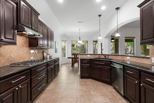 630 Wild Rose Dr, Austin, TX 78737 - kitchen featuring stainless steel appliances, under cabinet range hood, arched walkways, recessed lighting, and dark brown cabinetry
