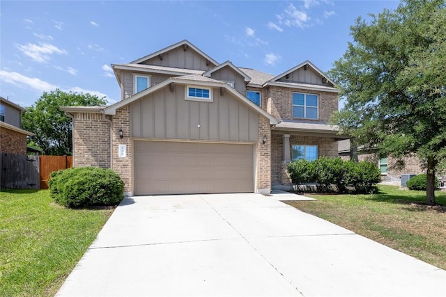 680 Peacock Ln, New Braunfels, TX 78130 - view of front facade with board and batten siding, a garage, brick siding, and concrete driveway