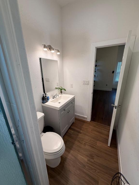 497 Brown Rd, Mcdade, TX 78650 - bathroom featuring wood finished floors, toilet, vanity, and baseboards