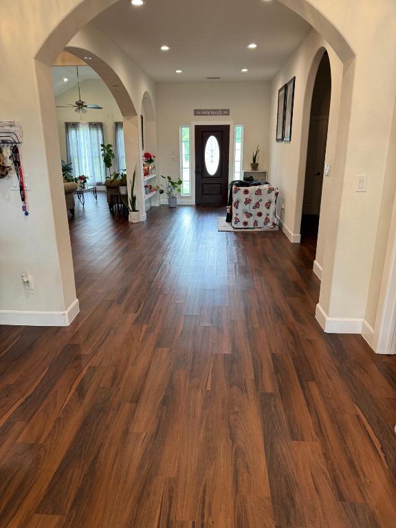 497 Brown Rd, Mcdade, TX 78650 - foyer with baseboards, dark wood-type flooring, recessed lighting, and ceiling fan