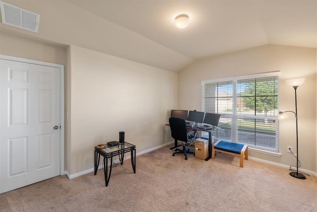 204 Mossberg Ln, Bastrop, TX 78602 - carpeted office space featuring vaulted ceiling and baseboards