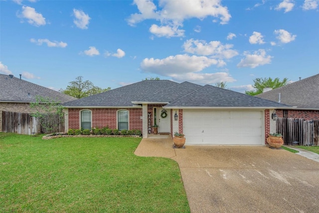 single story home featuring brick siding, a shingled roof, an attached garage, and driveway