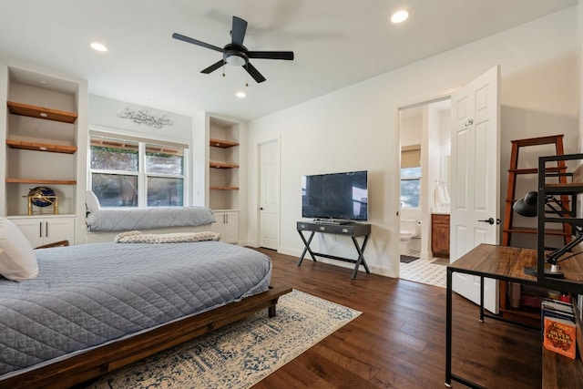 124 Hoskins Trl, Boerne, TX 78006 - bedroom featuring dark wood finished floors, recessed lighting, and ensuite bath