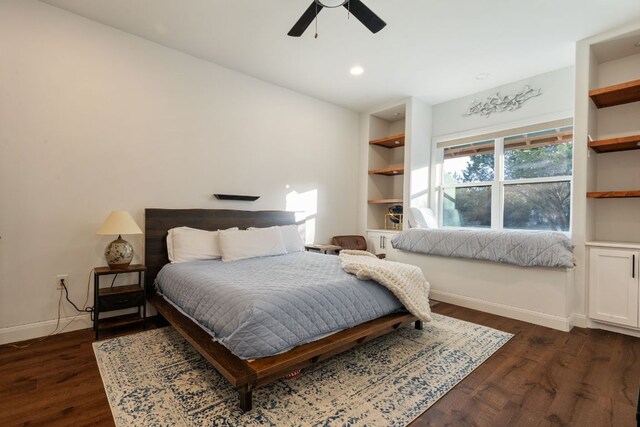 124 Hoskins Trl, Boerne, TX 78006 - bedroom with baseboards, dark wood-type flooring, a ceiling fan, and recessed lighting