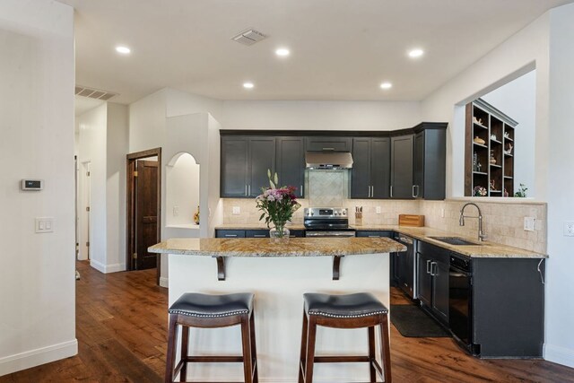 124 Hoskins Trl, Boerne, TX 78006 - kitchen featuring a sink, stainless steel range with electric stovetop, ventilation hood, a kitchen island, and light stone counters