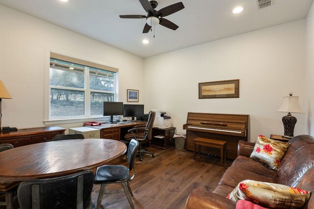 124 Hoskins Trl, Boerne, TX 78006 - office with dark wood-style flooring, ceiling fan, and recessed lighting