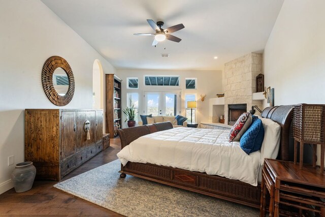 124 Hoskins Trl, Boerne, TX 78006 - bedroom with french doors, baseboards, wood finished floors, and a ceiling fan