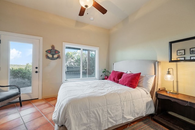 124 Hoskins Trl, Boerne, TX 78006 - bedroom featuring vaulted ceiling, light tile patterned flooring, access to exterior, and ceiling fan