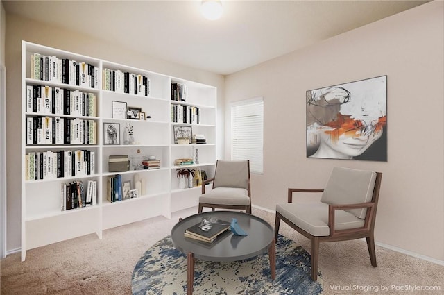 living area with carpet and baseboards