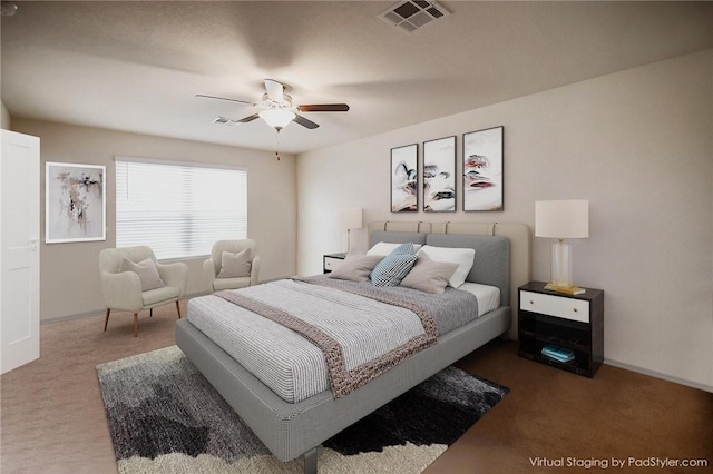 bedroom featuring carpet flooring, baseboards, and a ceiling fan