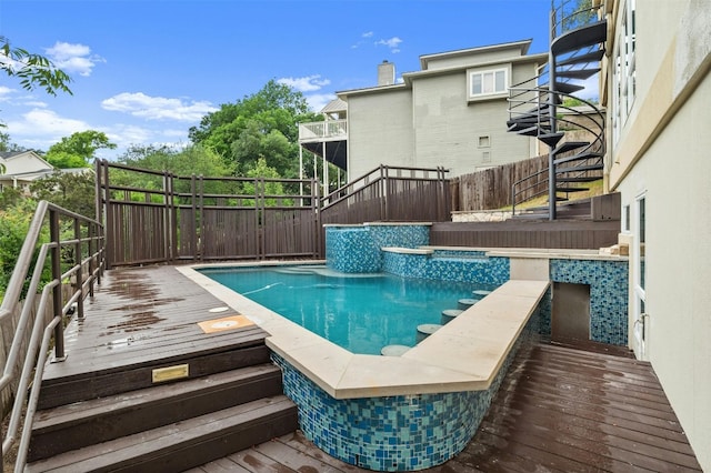 5801 Cannonade Ct, Austin, TX 78746 - view of pool with stairway, a deck, and a hot tub
