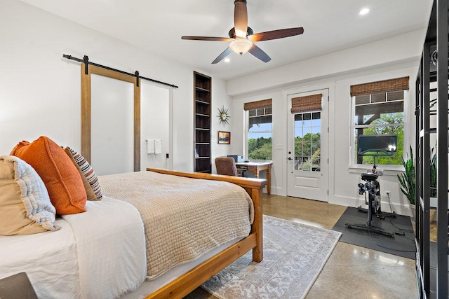 9750-9800 Ledgestone Ter, Austin, TX 78737 - bedroom with a barn door, access to outside, recessed lighting, and ceiling fan