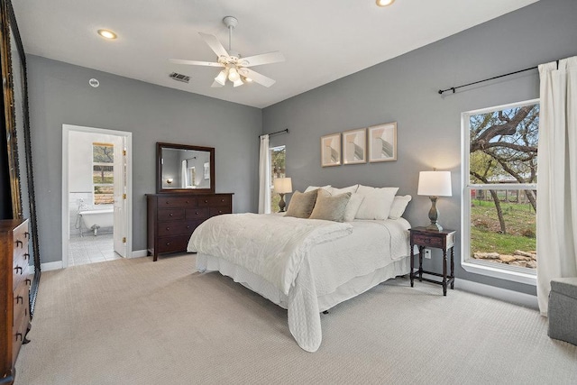 9750-9800 Ledgestone Ter, Austin, TX 78737 - bedroom featuring light colored carpet, baseboards, recessed lighting, a ceiling fan, and ensuite bath