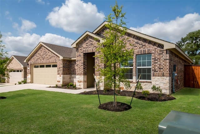 513 Tekoa Dr, Georgetown, TX 78628 - french country inspired facade with brick siding, an attached garage, concrete driveway, and stone siding
