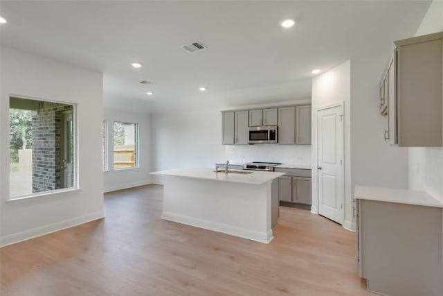 513 Tekoa Dr, Georgetown, TX 78628 - kitchen with stainless steel appliances, gray cabinetry, light wood-type flooring, tasteful backsplash, and recessed lighting