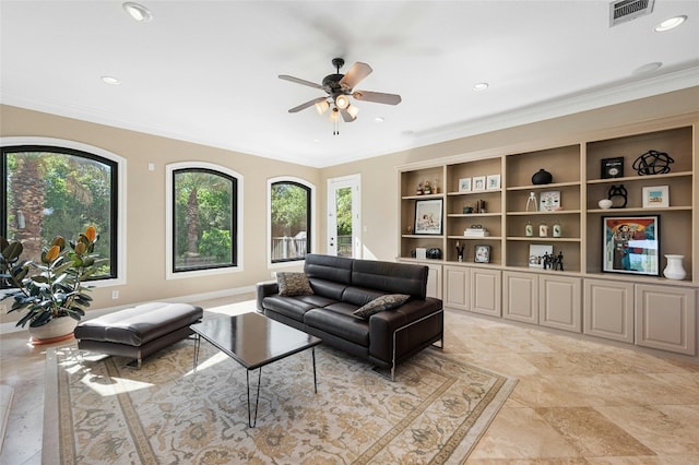 3205 Rustic River Cv, Austin, TX 78746 - living room featuring ornamental molding, recessed lighting, and ceiling fan