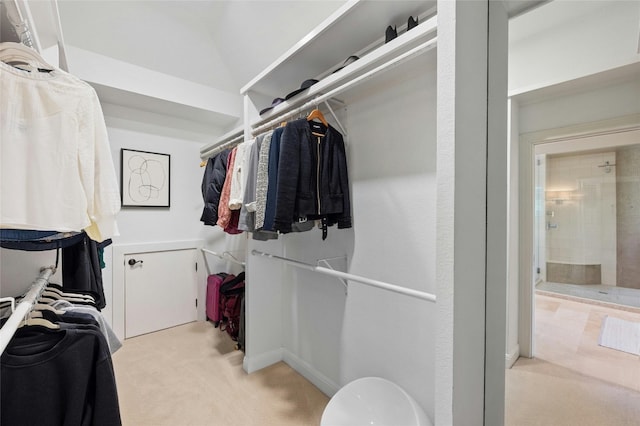 walk in closet with carpet flooring and vaulted ceiling