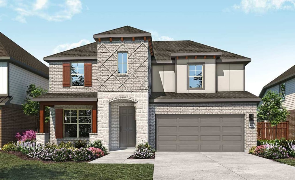 196 Du Bois Dr, Kyle, TX 78640 - view of front of house with a garage, driveway, roof with shingles, and brick siding