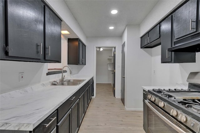 4504 Little Hill Cir, Austin, TX 78725 - kitchen featuring gas stove, light wood-style floors, under cabinet range hood, recessed lighting, and light countertops