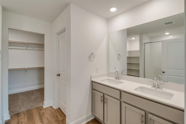 537 Tekoa Dr, Georgetown, TX 78628 - bathroom featuring a spacious closet, wood finished floors, double vanity, baseboards, and a shower