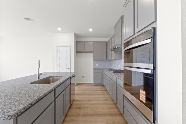 3759 Liberi Ln, Round Rock, TX 78665 - kitchen with gray cabinetry, a sink, stainless steel appliances, light wood finished floors, and tasteful backsplash