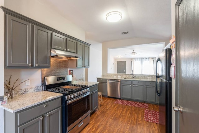 404 Paige Bnd, Hutto, TX 78634 - kitchen featuring appliances with stainless steel finishes, under cabinet range hood, lofted ceiling, dark wood finished floors, and ceiling fan