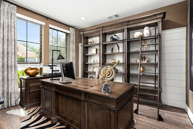 office area featuring wood finished floors and recessed lighting