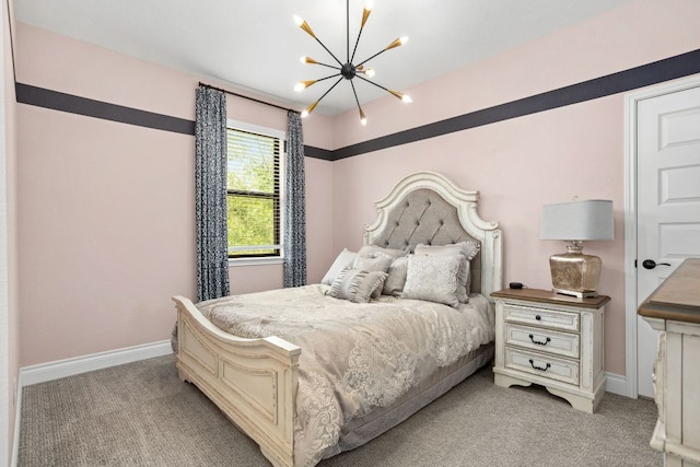 bedroom with a chandelier, light colored carpet, and baseboards