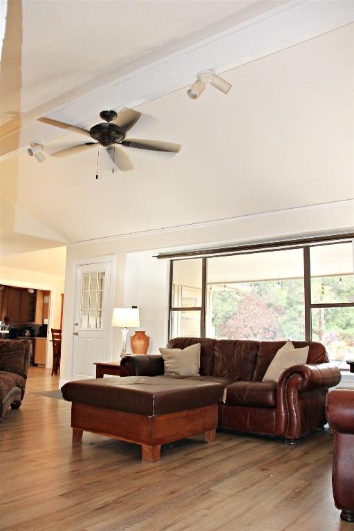 3616 Arrowhead Cir, Round Rock, TX 78681 - living area with beamed ceiling, light wood finished floors, ceiling fan, and high vaulted ceiling