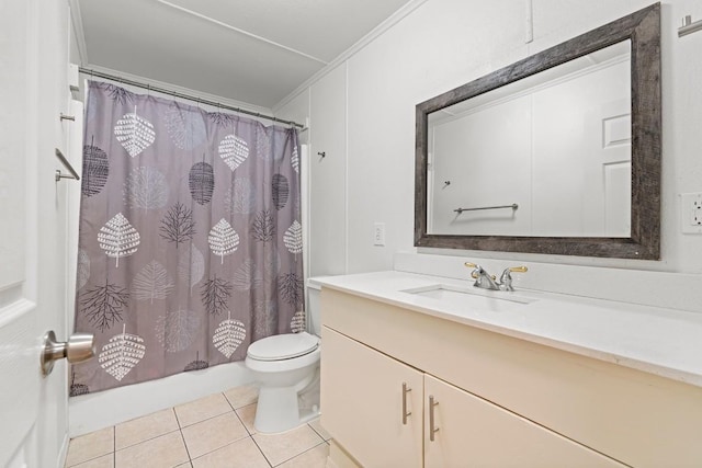 201 N Bowie Ave, Cameron, TX 76520 - full bathroom featuring tile patterned flooring, crown molding, toilet, vanity, and a shower with shower curtain