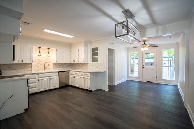 908 Kent St, Taylor, TX 76574 - kitchen with dishwasher, decorative backsplash, white cabinetry, and ceiling fan