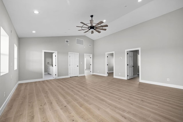 12935 Prairie Cir Unit 3641, Kempner, TX 76539 - unfurnished living room with high vaulted ceiling, ceiling fan, light wood finished floors, baseboards, and recessed lighting