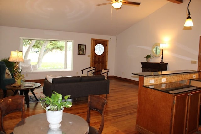 704 Marquis Ln, Cedar Park, TX 78613 - dining area with vaulted ceiling, a ceiling fan, and dark wood-style flooring