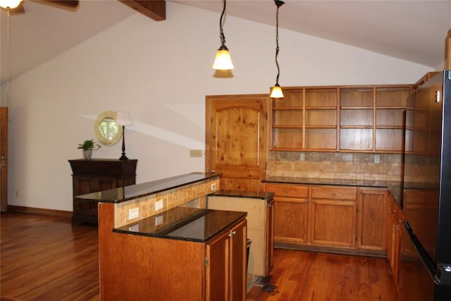 704 Marquis Ln, Cedar Park, TX 78613 - kitchen with open shelves, dark wood-style flooring, pendant lighting, brown cabinetry, and backsplash