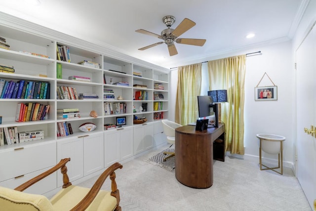 4902 Pony Chase, Austin, TX 78727 - home office featuring light carpet, a ceiling fan, and ornamental molding