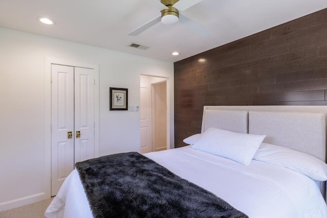 4902 Pony Chase, Austin, TX 78727 - carpeted bedroom with recessed lighting, a closet, and a ceiling fan