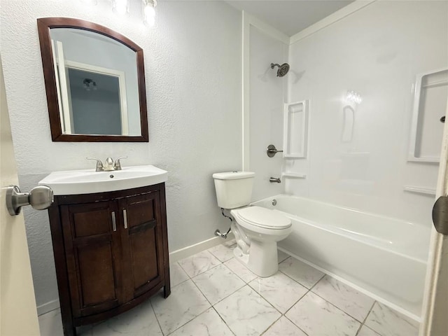 full bath with marble look tile flooring, baseboards, toilet, vanity, and shower / tub combination