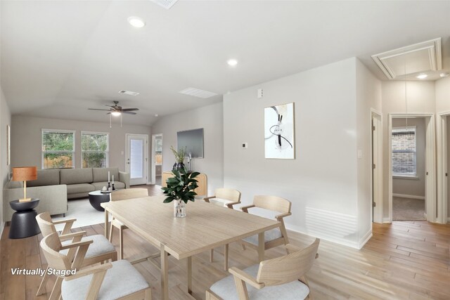825 Sun Grove Trl, Georgetown, TX 78628 - dining space featuring attic access, light wood-style flooring, baseboards, a ceiling fan, and recessed lighting