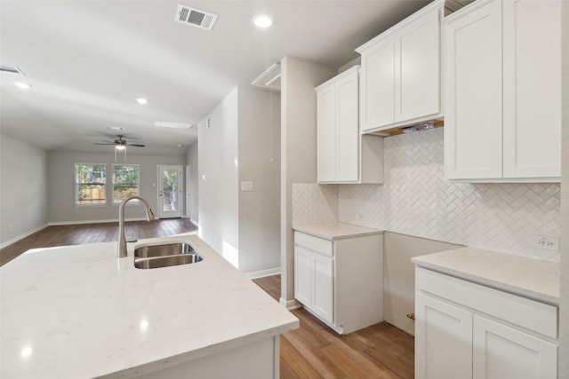 825 Sun Grove Trl, Georgetown, TX 78628 - kitchen featuring a sink, light wood-style floors, open floor plan, decorative backsplash, and recessed lighting