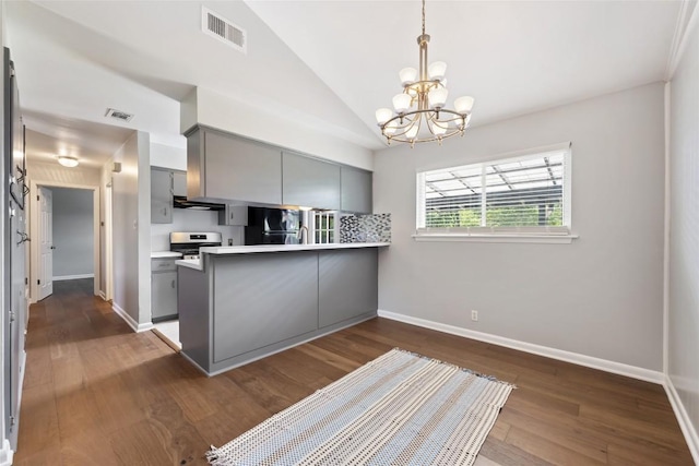 8500 Woodstone Dr, Austin, TX 78757 - kitchen with gray cabinetry, a chandelier, stainless steel range with electric stovetop, a peninsula, and dark wood finished floors