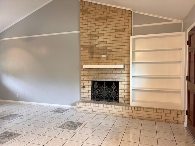8500 Woodstone Dr, Austin, TX 78757 - unfurnished living room with light tile patterned floors, built in features, a fireplace, baseboards, and high vaulted ceiling
